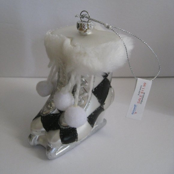 Fortunoff Holiday Glass Ice Skate Christmas Ornament Silver Black Harlequin Glitter Pom Poms
